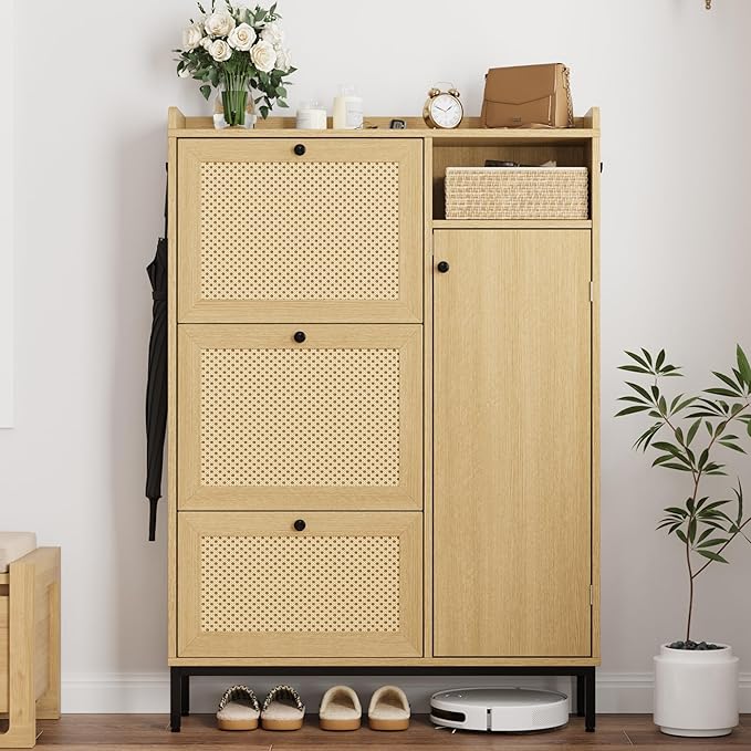 Rattan Wooden Shoe Cabinet, Freestanding 3-Flip Drawer Shoe Storage Organizer - Image 8