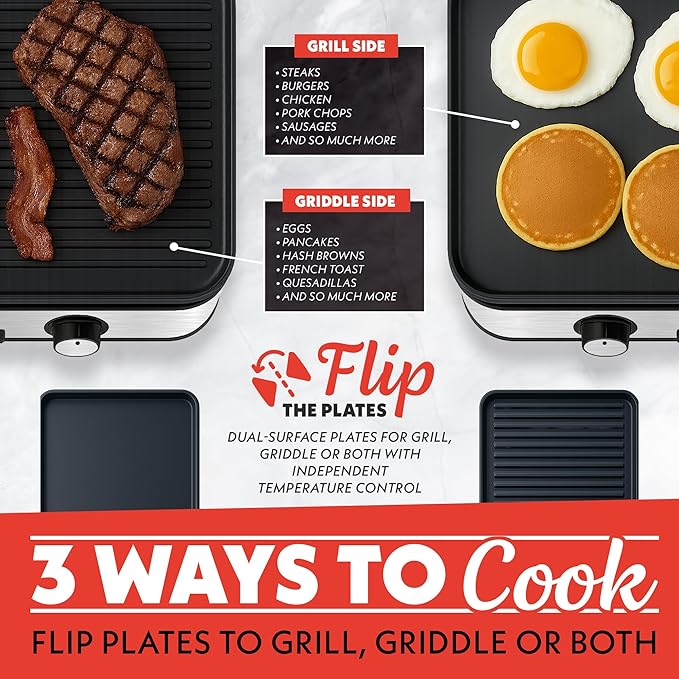 Gourmia 3-in-1 Indoor Grill & Griddle Electric Combo – Dual Independent Cooking - Image 2