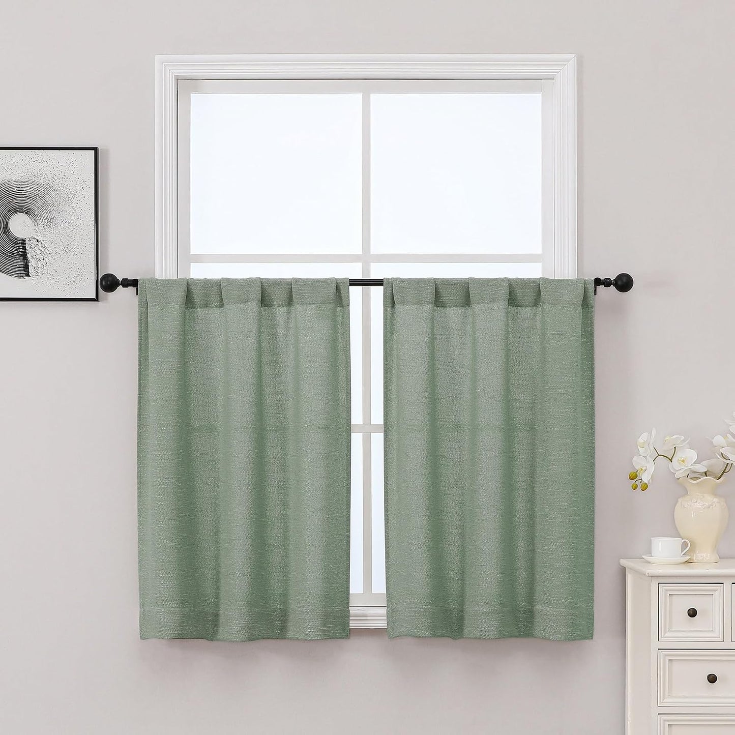 Sage Green Kitchen Curtains 36 Inch Length 2 Panels Set, Light Filtering Faux Linen Textured Short Curtains Tier for Windows, Top Rod Pocket Curtain for Cafe Bathroom Basement Window, 30"Wx36"L