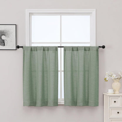 Sage Green Kitchen Curtains 36 Inch Length 2 Panels Set, Light Filtering Faux Linen Textured Short Curtains Tier for Windows, Top Rod Pocket Curtain for Cafe Bathroom Basement Window, 30"Wx36"L
