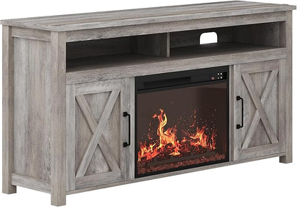 BELLEZE Barn Door Wood Electric Fireplace TV Stand - Image 8