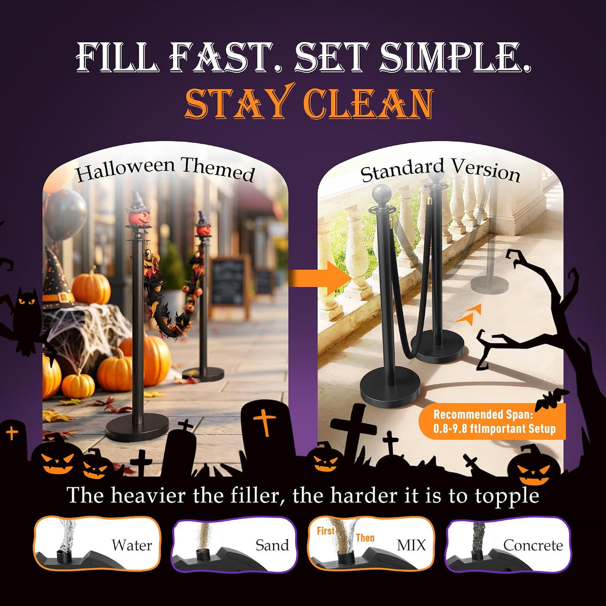 6 Pack Halloween Hat Pumpkin Head Black Stanchions and Velvet Ropes Set, Stai...