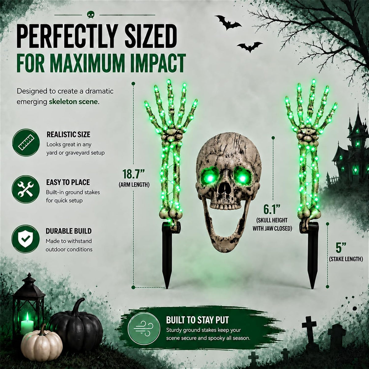 Halloween Skeleton Decorations Outdoor, 3-Piece Green LED Yard Stakes, Skull ...