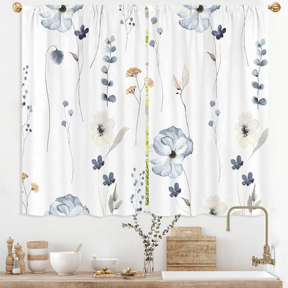 Watercolor Floral Kitchen Curtain 27.5W X 39L Inch 2 Panel Beige Blue White Flower Minimalist Cute Plant Leaves Summer Small Short Cafe Tier Window Treatment Drapes Bathroom Curtain Home Decor
