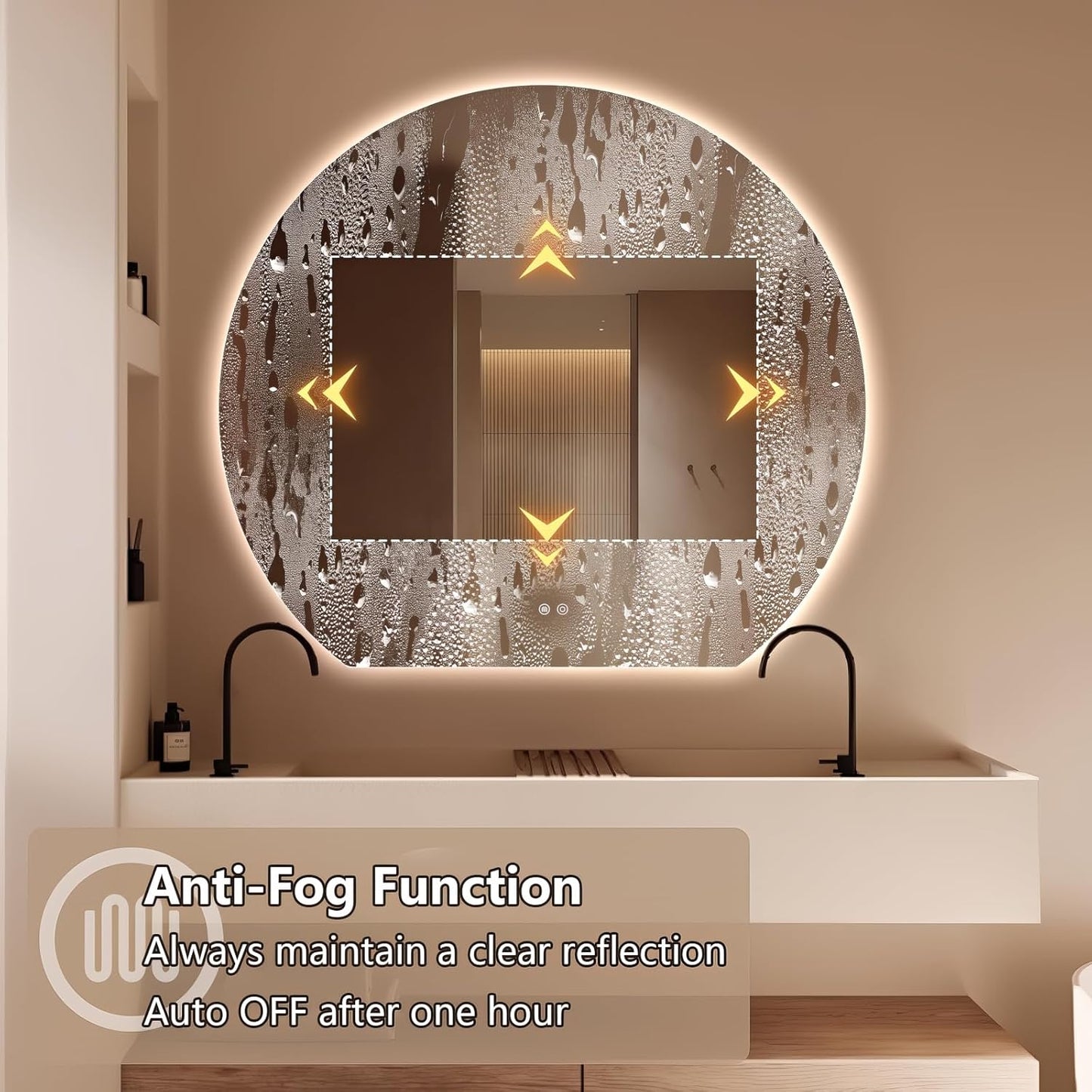 Niccy Round LED Bathroom Mirrors, Half Circle Backlit Mirror, 36" | Frameless Half Moon Mirror for Bathroom Wall, 3 Color Dimmable Anti-Fog Makeup Mirror, Explosion-Proof