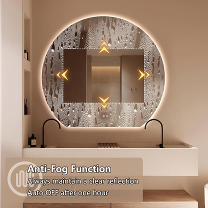 Niccy Round LED Bathroom Mirrors, Half Circle Backlit Mirror, 36" | Frameless Half Moon Mirror for Bathroom Wall, 3 Color Dimmable Anti-Fog Makeup Mirror, Explosion-Proof