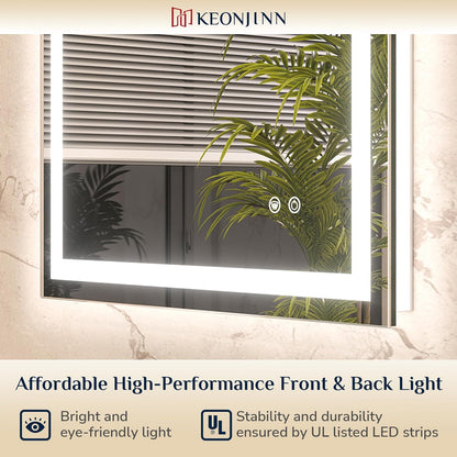 Keonjinn 24x36 Inch LED Bathroom Mirror with Lights, Frontlit & Backlit | Lighted Bathroom Mirror, 3-Color Temperature & Stepless Dimmable Lighting, Fast & Safe Defogging, Effortless Installation