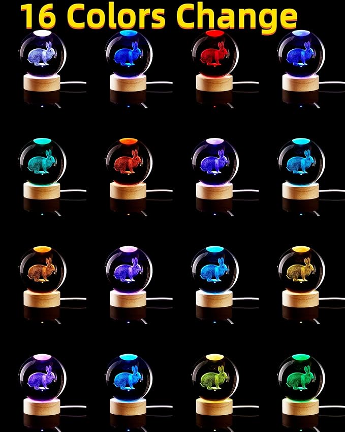 3D Crystal Ball Lamp with Lifelike LED Rabbit, 16 Color Changing Light - Image 2