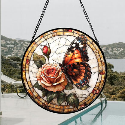 DASTOLL Stained Glass Window Hanging, Butterfly Picking Flowers Suncatcher - Image 4