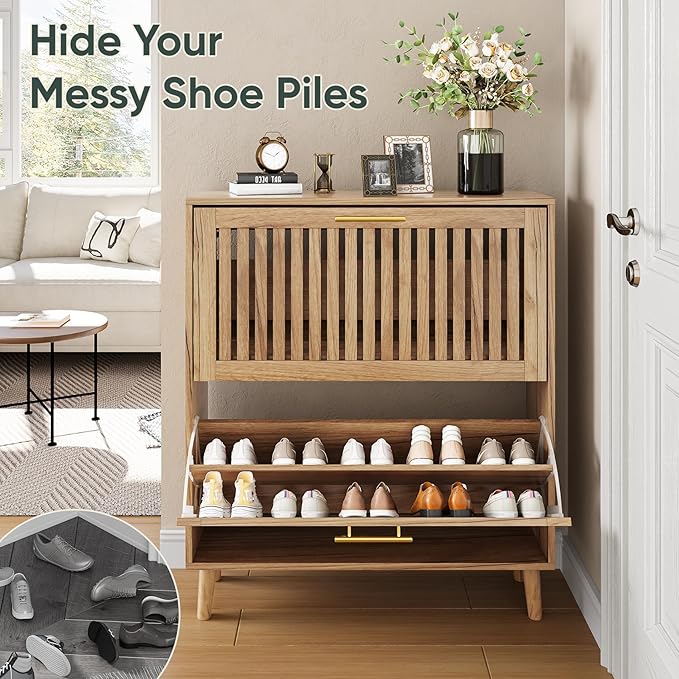 Shoe Storage Cabinet with 2 Flip Slatted Drawers, Narrow Freestanding Shoe - Image 5