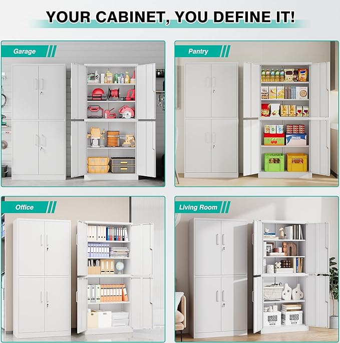Metal Storage Cabinet with 3 Adjustable Shelves, Tall Steel Pantry Cabinets 4 - Image 4