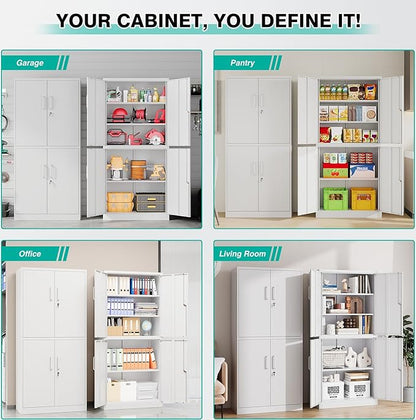 Metal Storage Cabinet with 3 Adjustable Shelves, Tall Steel Pantry Cabinets 4 - Image 4