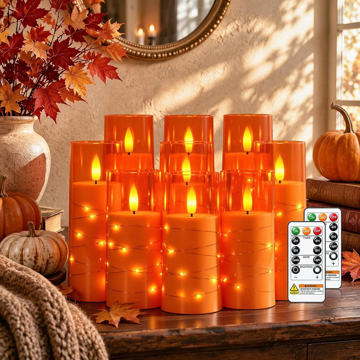 Raycare 9 Pcs Orange Halloween Flameless Pillar Candles with Remote Timer