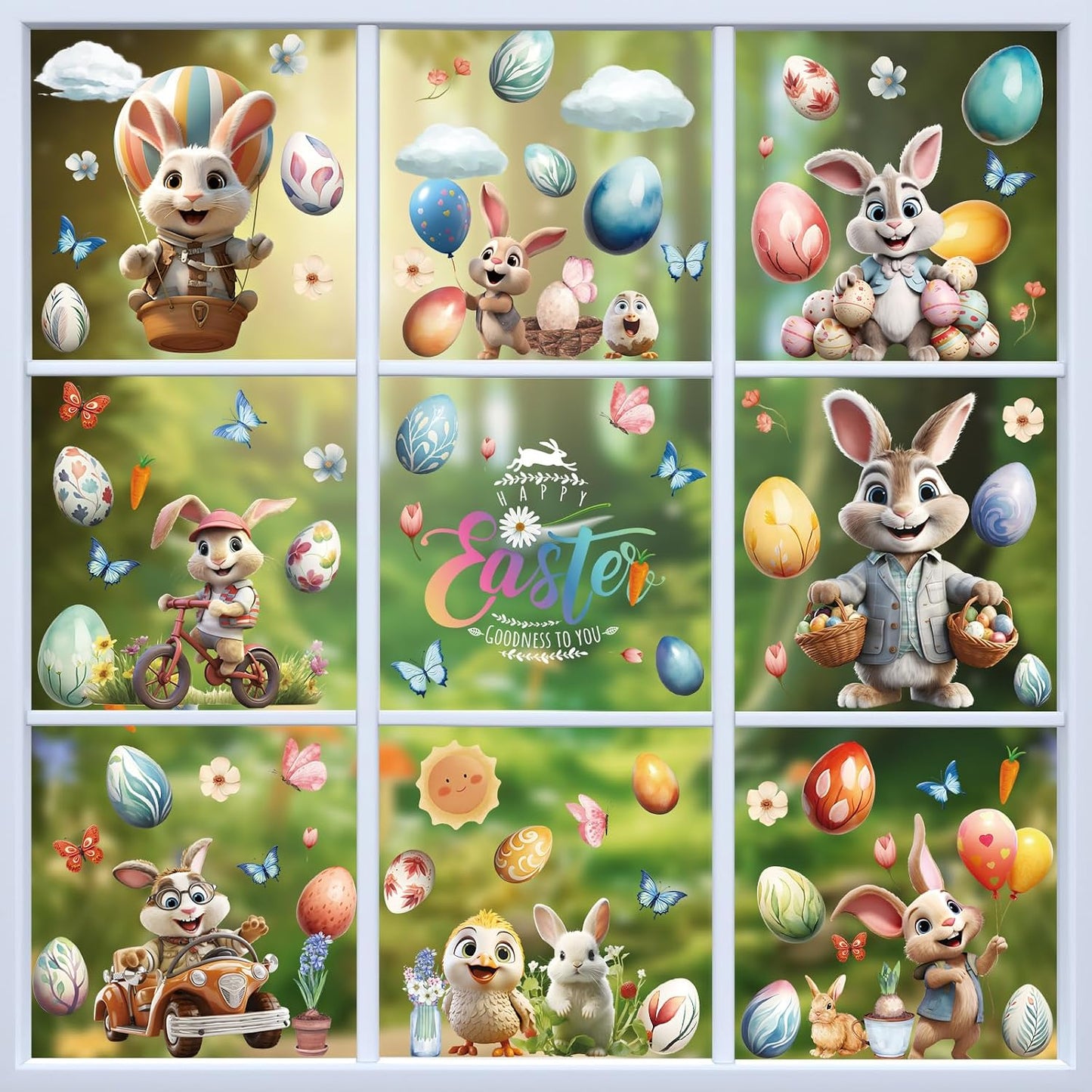 Hianjoo 87 PCS Easter Window Clings, 9 Sheets Easter Egg Window Clings Stickers for Window Decor, Double Sided Bunny Window Cling Decorations with Chick Flower Butterfly Carrot