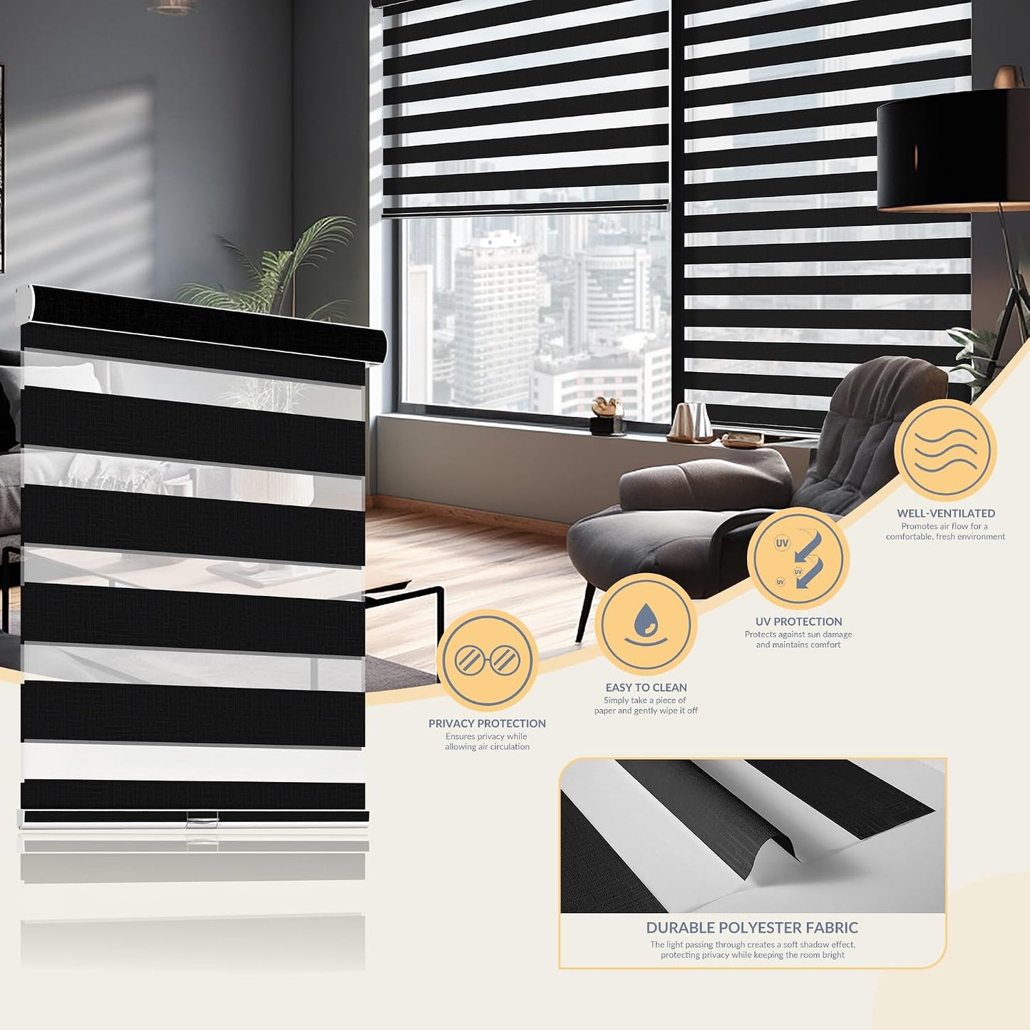 Boolegon Cordless Zebra Blinds for Indoor Windows,Black,58" Wx56 H | Dual Layer Light Control for Day and Night,Heat insulation UV Protection Free Stop Window Shades for Home, Easy to Install