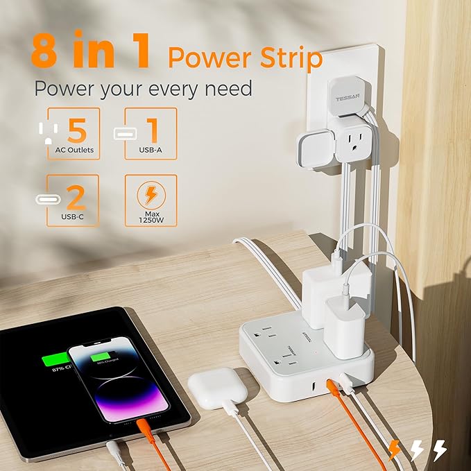 TESSAN Outlet Cover with Extra Outlet on Plug, Surge Protector Power Strip with - Image 4