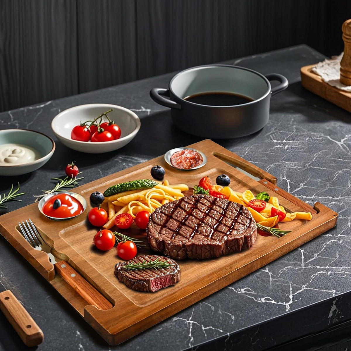 Acacia Wooden Steak Board Set Carnivore Cutting Board Plate for Eating