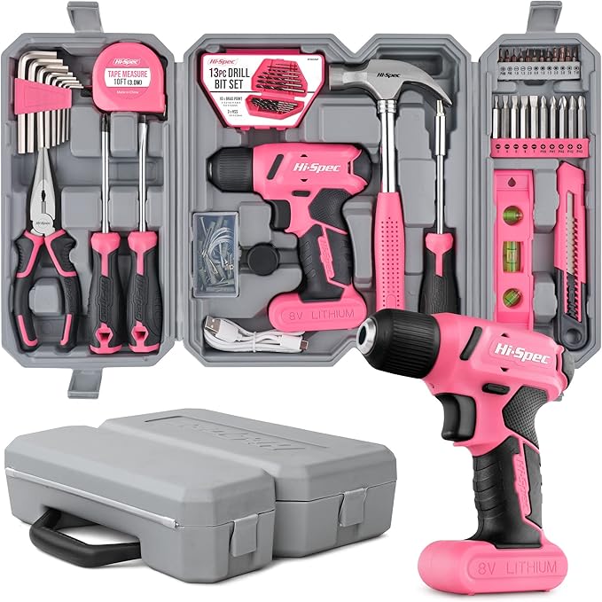 Hi-Spec 58pc Pink 8V USB Electric Power Cordless Drill Driver and Womens Ladies by Hi-SpecToolsUSA