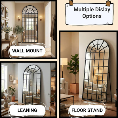 70x30Inch Large Arched Window Pane Mirror| Black Arched Mirrors for Wall & Floor | Arch Mirror Full Length for Entryway Living Room & Bedroom | Oversized Mirrors | Wall Art Decorative |Farmhouse Décor