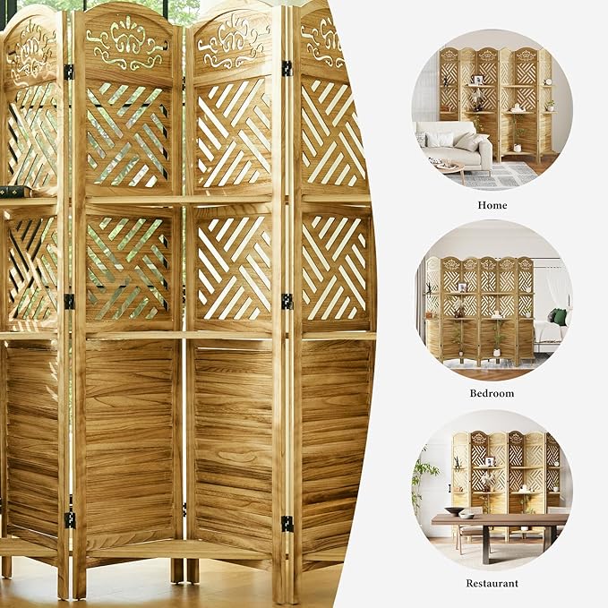 Svimi Room Divider with Shelves, 68.9inch Wood Carved and Louvered Wall Divider - Image 7