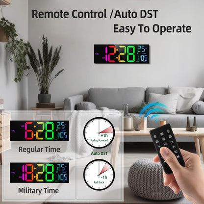 HAITANG 8 Colors Digital Wall Clock, 16.2" Large Digital Clock with Temperature, Date, Auto DST, Night Light, Auto Brightness Dimmer, 24/12-hour Wall Clock for Living Room Office Classroom Gym