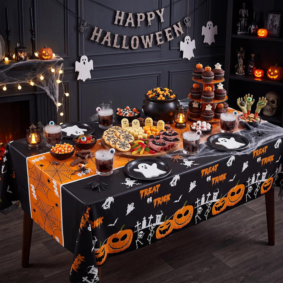 54 Inch X 300 Feet Plastic Table Cover Roll Disposable Halloween Tablecloth w...