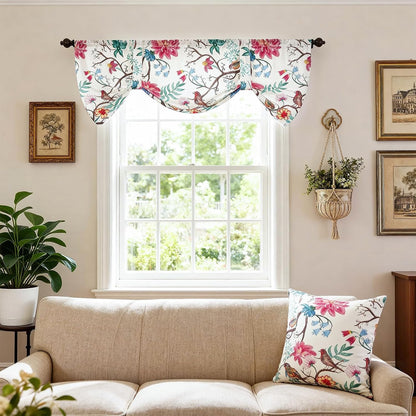 Bird Floral Tie Up Valance, Country Style, 52 x 18, 1 Panel | Soft Fabric Texture, Adjustable Length, Filters Sunlight, for Kitchen or Bedroom Windows