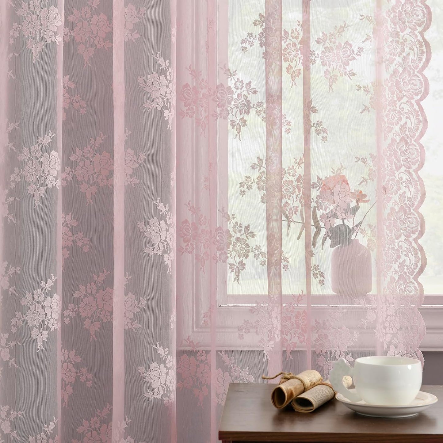 Kotile Vintage Pink Lace Curtains for Bedroom 42 x 63 Inch, 2 Panels | Rod Pocket, Knitted Openwork Texture, Softened Daylight, Soft Whimsical Mood, Versatile Mid-Length Look, Privacy
