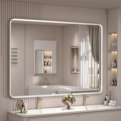 44x30 Inch Silver Framed Mirror, Brushed Nickel, Rounded Rectangle Mirror by GOLOMO