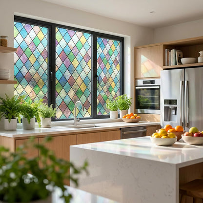 Stained Glass Window Film, Colorful Geometric Diamond, 17.5"x 78.7" | Blocks Clear View, Casts Soft Rainbow Light | Static Cling, No Glue, Residue-Free | UV Blocking, Reusable | For Home & Office