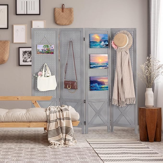 Wnutrees 4 Panel Pegboard Display, 5 Ft Wood Folding Privacy Screens Room - Image 2