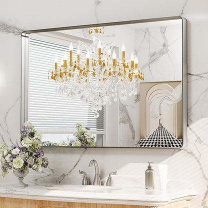 LOAAO 48X30 Inch Brushed Nickel Bathroom Mirror, Rounded Rectangle Silver Metal - Image 8