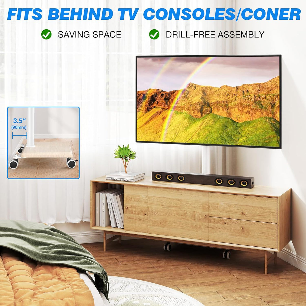 Rfiver Rolling TV Stand for 32 to 60 Inch TV up to 88lbs Wood Base White