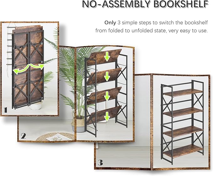 4NM 4 Tiers No Assembly Book Shelves, 41.3" H Folding Bookshelf Bookcase Open - Image 6