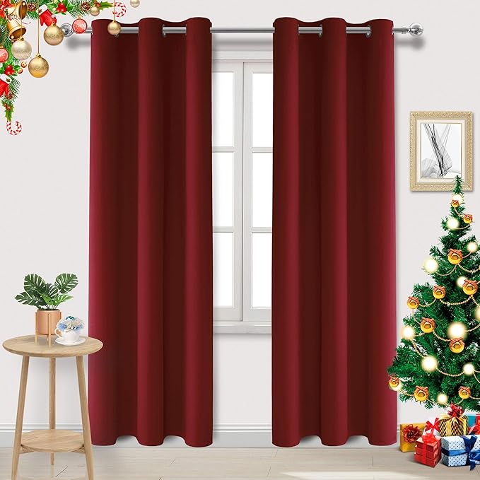 DWCN Burgundy Red Christmas Curtains 84 Inch Length, Solid Blackout Drapes by DWCN