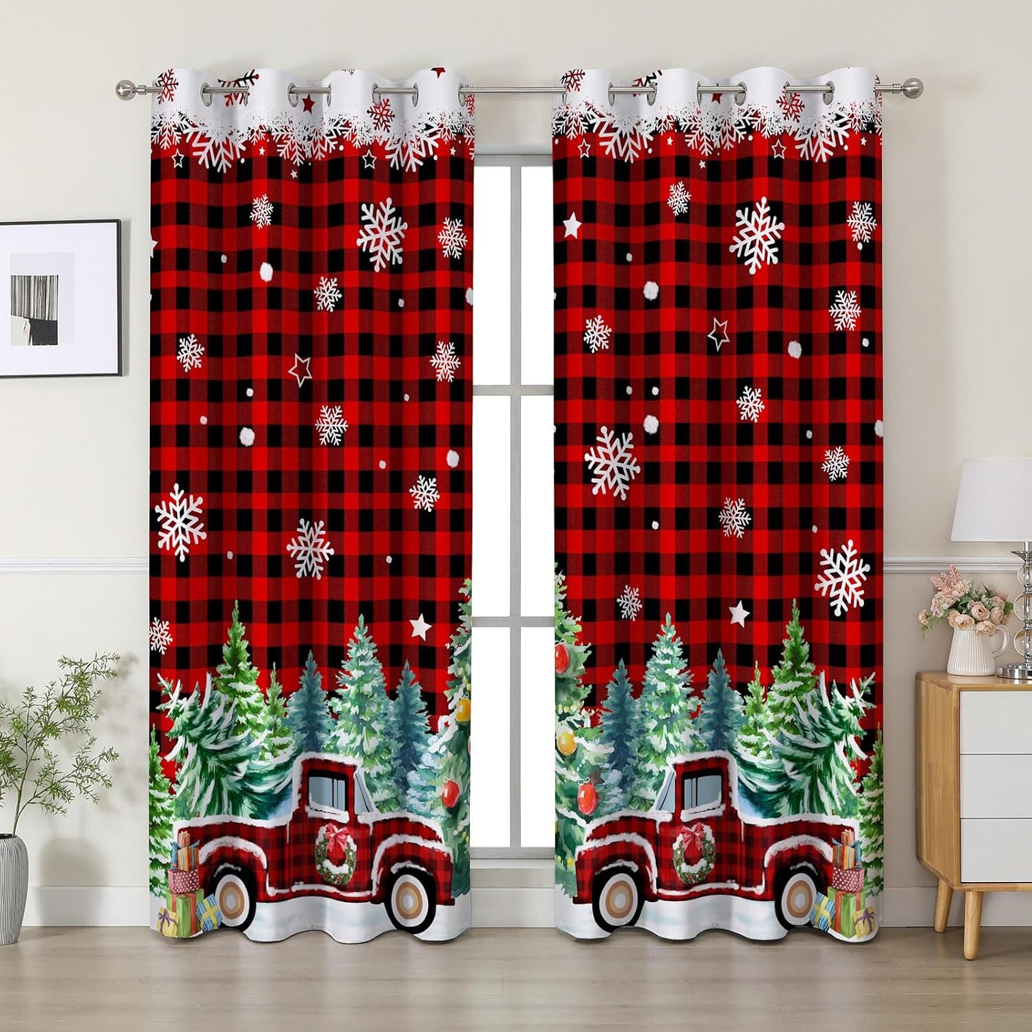 Christmas Curtains 84 Inches Long, Red Plaid Truck Living Room Curtains Room Darkening, Xmas Decor for Home, Noise Reduce Winter Drapes with Grommet for Bedroom, Bathroom, 2 Panels