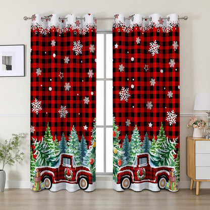 Christmas Curtains 84 Inches Long, Red Plaid Truck Living Room Curtains Room Darkening, Xmas Decor for Home, Noise Reduce Winter Drapes with Grommet for Bedroom, Bathroom, 2 Panels