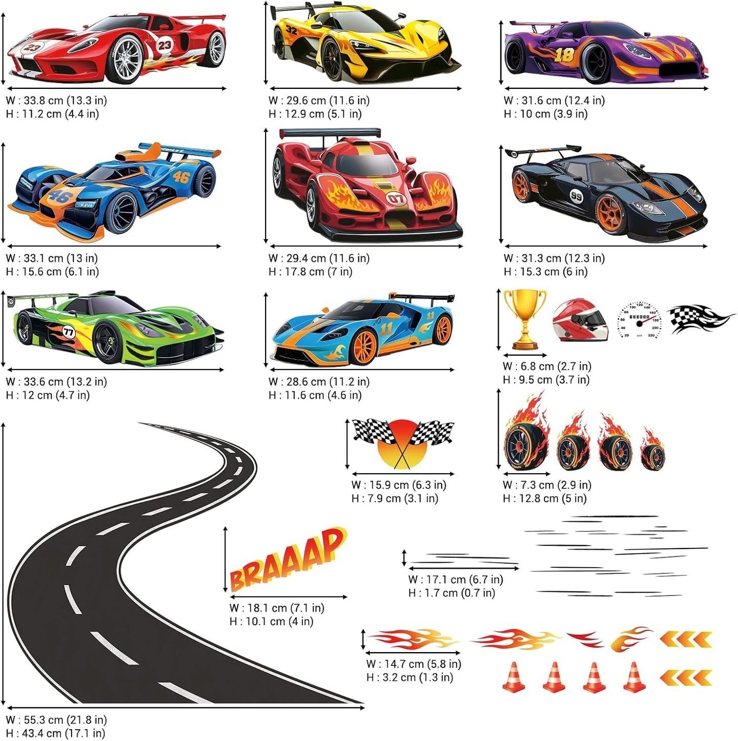 DECOWALL Race Cars & Track Wall Decals Stickers for Kids Bedroom (SG2-2517) | Peel and stick removable Grand Prix decor with sports vehicles, flags, trophy, flames and road for playroom and nursery space