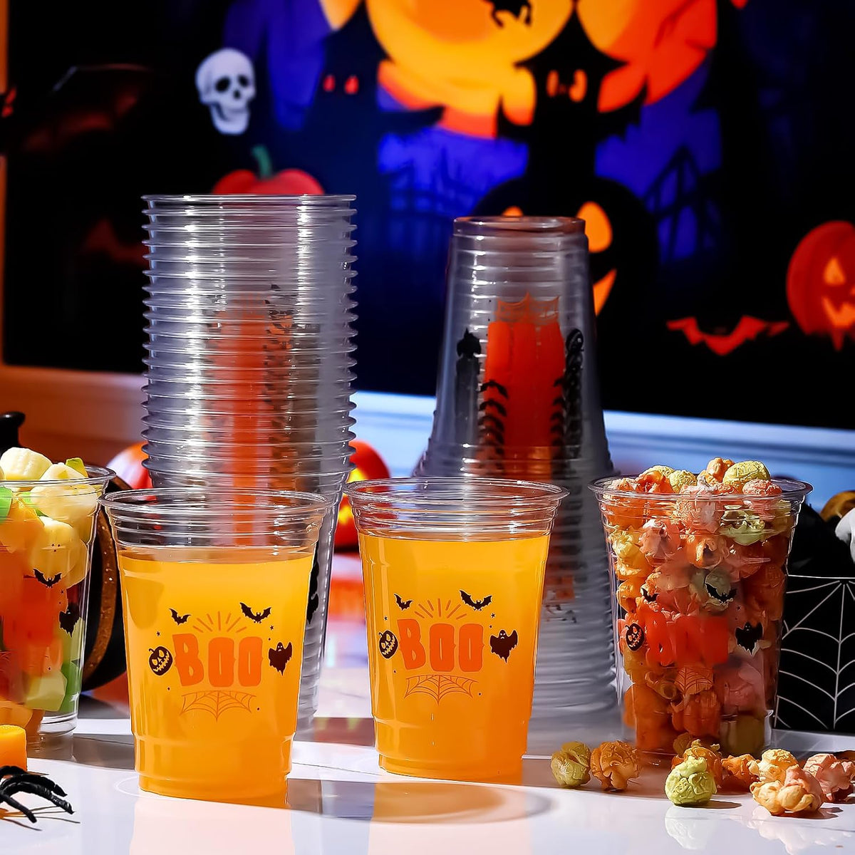 100 Pcs Halloween Plastic Cups Bulk 16 oz Disposable Clear Boo