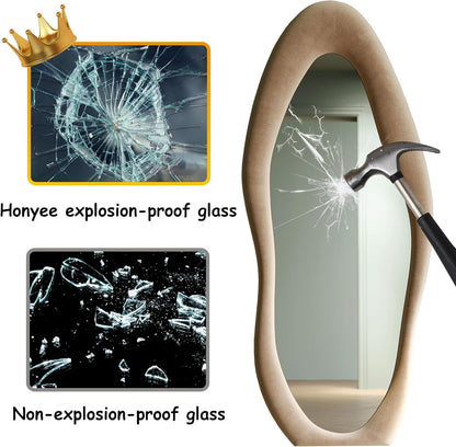 Honyee Full Length Mirror, 63" x 24" Wall Mirror, Flannel Wrapped Wooden Frame Floor Mirror, Irregular Wavy Mirror Hanging or Leaning Against Wall for Cloakroom/Bedroom/Living Room, Milk Tea
