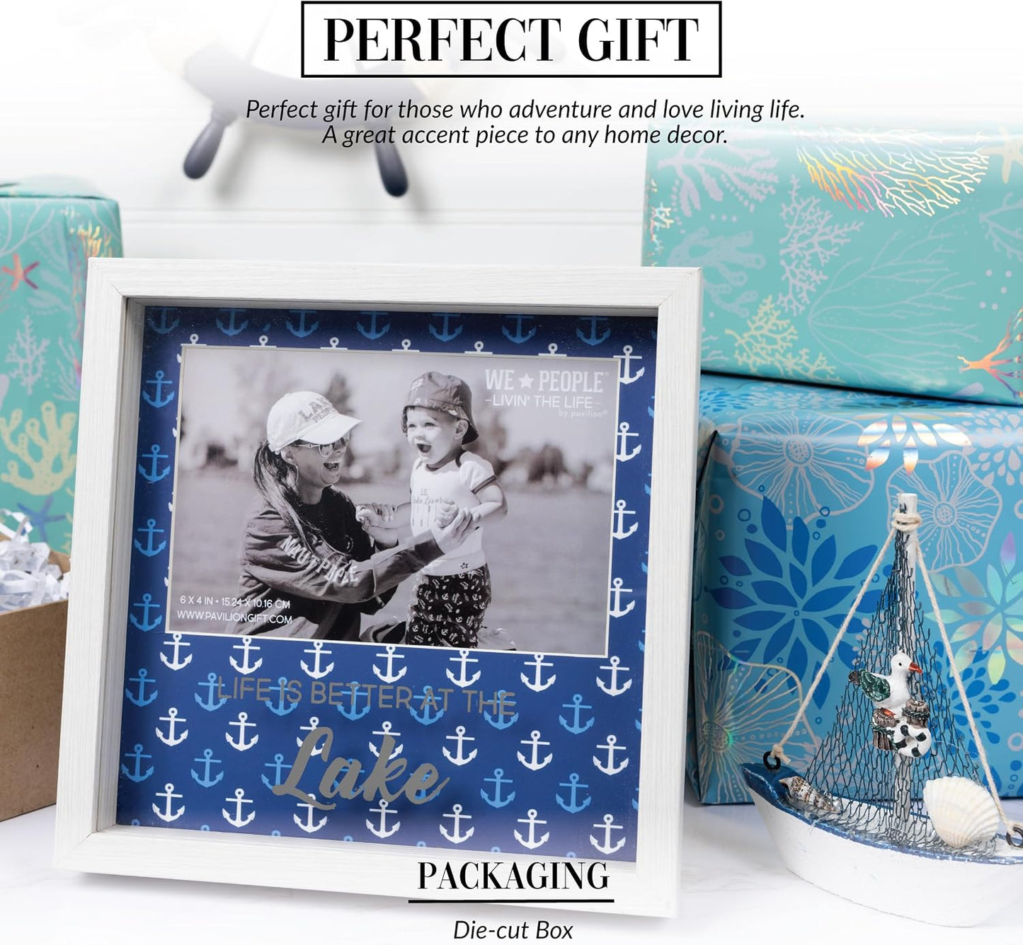 Pavilion Gift Company - Life Is Better At The Lake - 7.5" Square Shadow Box Picture Frame Captured Photograph Holder 4" x 6" Horizontal Cottage Waterfront Lake Lover Gift Present