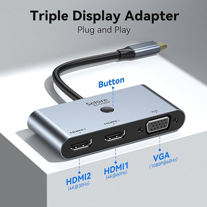 Selore USB C Docking Station 3 Monitors, USB C to Dual HDMI VGA Adapter - Image 2