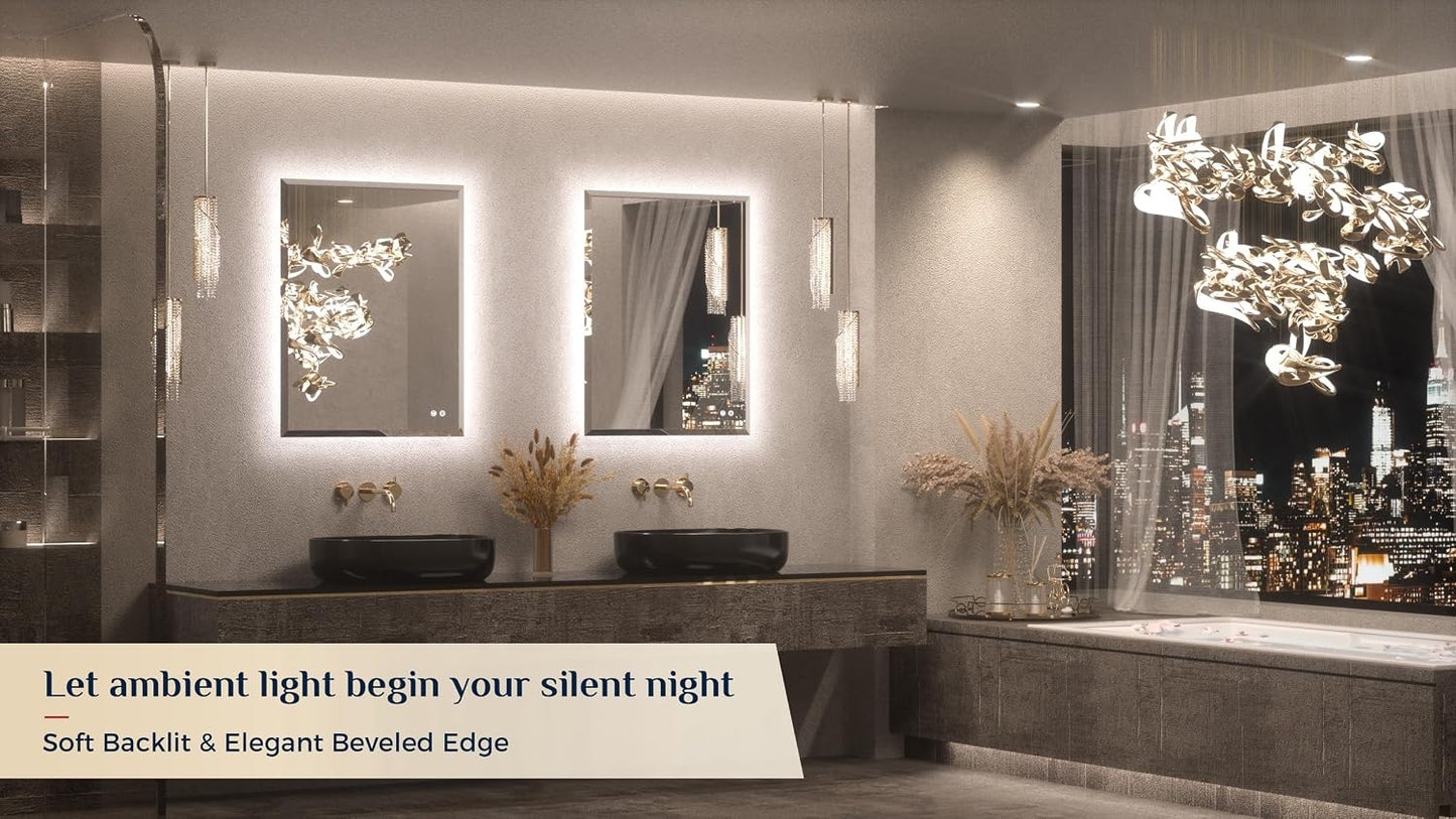 Keonjinn 28" x 36" LED Backlit Mirror, HD Tempered Glass with Beveled Edge | 3 Color Temperature, Auto-OFF Defogging, Dimmable, Easy French Cleat Installation, Rectangle LED Bathroom Mirror with Lights