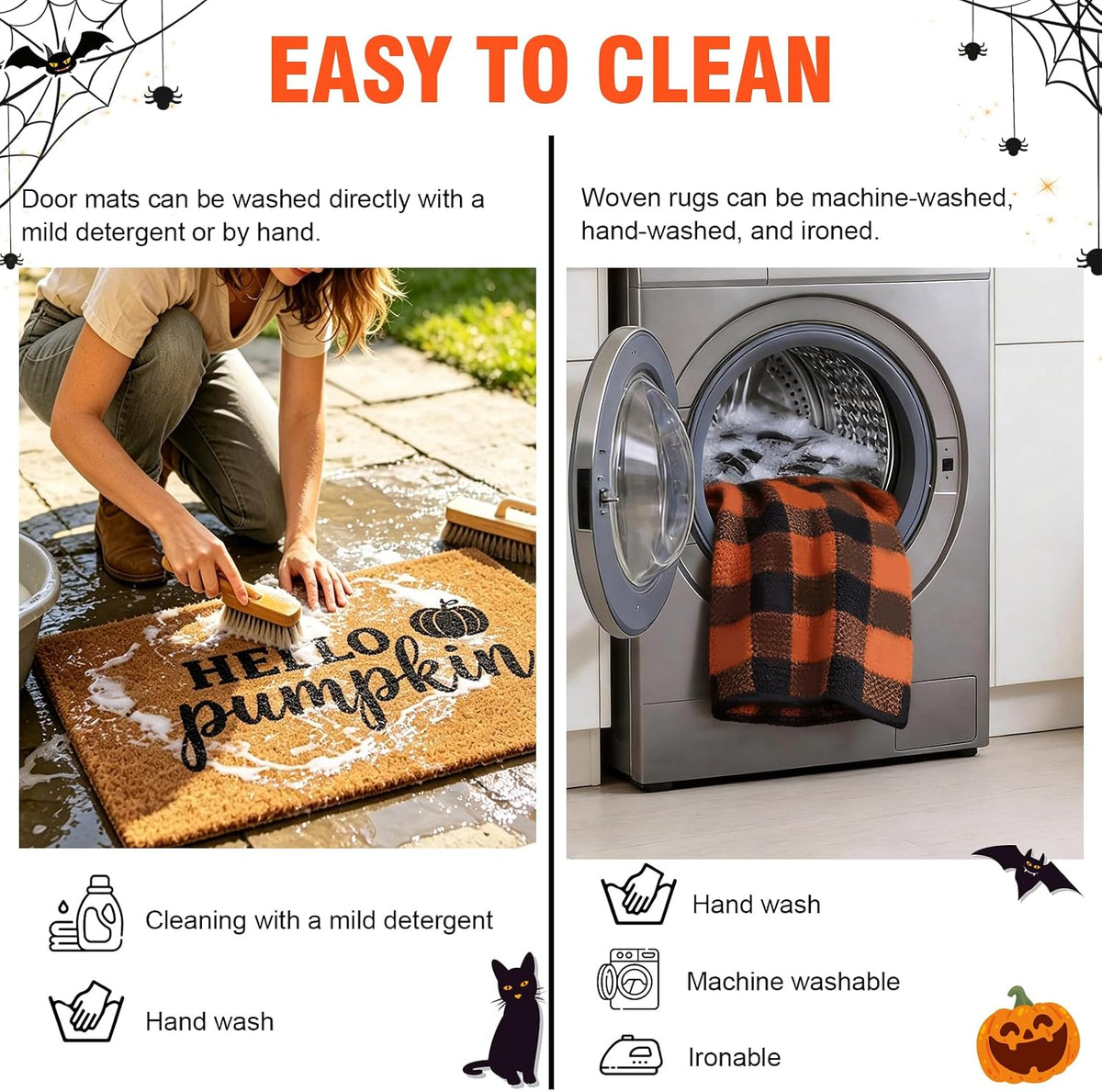 2 Pack Fall Halloween Door Mat Set, Pumpkin Coir & Plaid for Thanksgiving