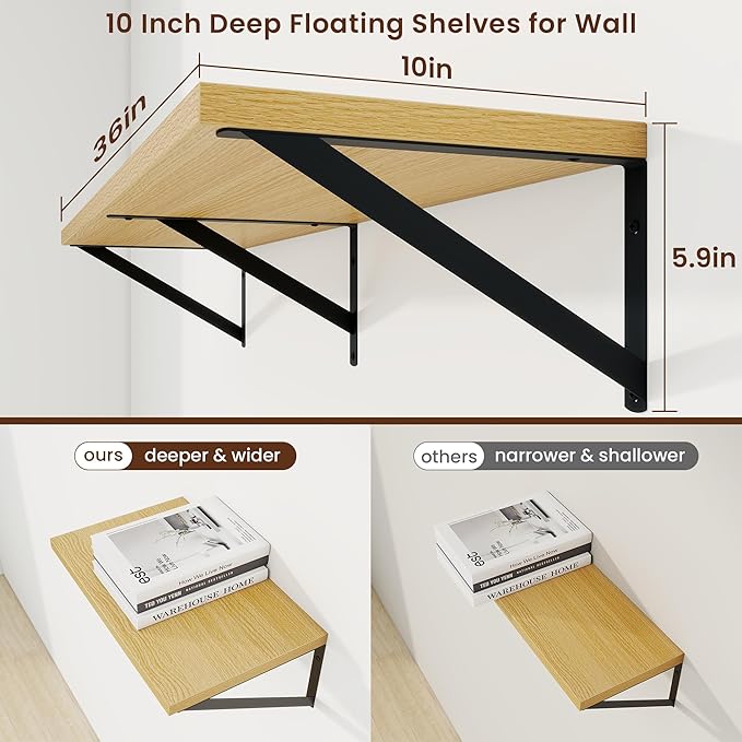 Axeman Deep Floating Shelves | 36 Inch Oak Wall Shelves Set of 2 | 10 Inch Deep - Image 3