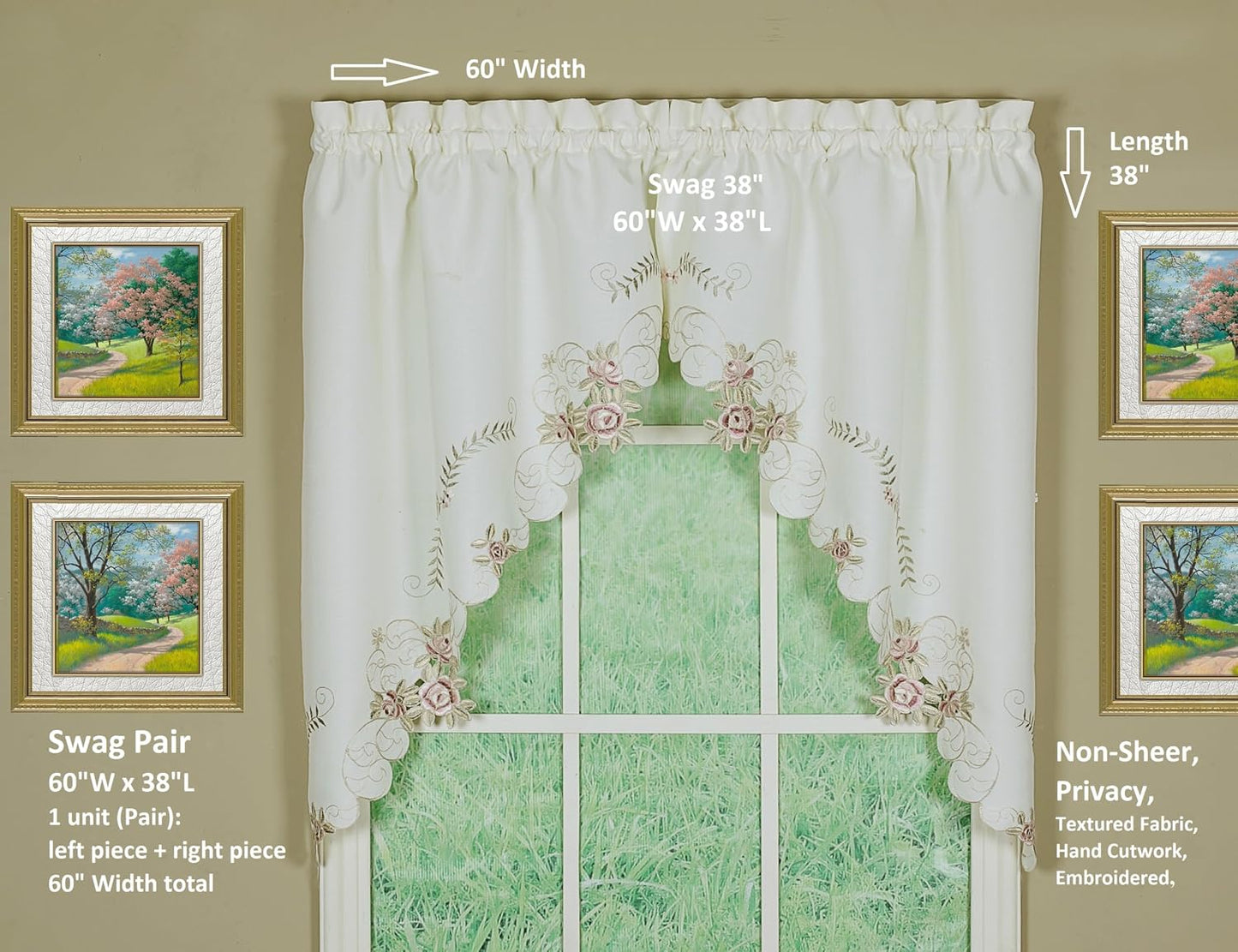 Today's Curtain Verona Reverse Embroidery Swag, 38", Ecru/Rose, 60"W X 38"L