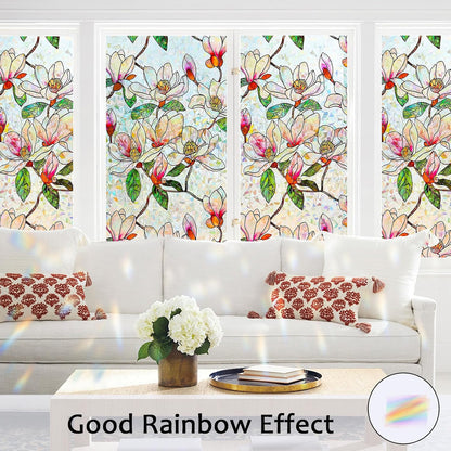 Window Privacy Film, Stained Glass Rainbow Stickers 17.5"x78.7" | 3D Colorful Static Cling Window Film, UV Blocking Heat Control Non-Adhesive, Day Night Privacy for Front Door Bathroom Office