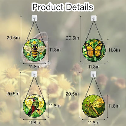 DASTOLL Stained Glass Window Hanging 4 Pcs Set Green Plants Yellow Insect Theme - Image 6
