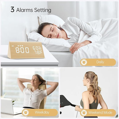 JALL Digital Alarm Clock, with Wooden Electronic LED Time Display, 3 Alarm - Image 5