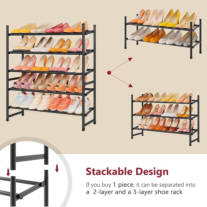 Tajsoon Expandable Shoe Rack for Closet 5 Tier, 29“-41“Adjustable & Stackable - Image 6